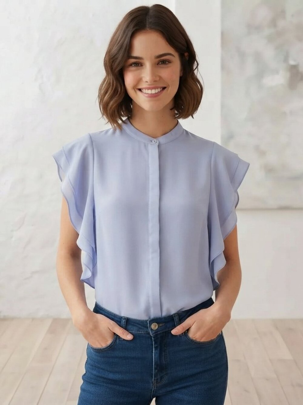 ASOS Baby Blue Sleeveless Ruffle Button Up Blouse US 6 Mock Neck